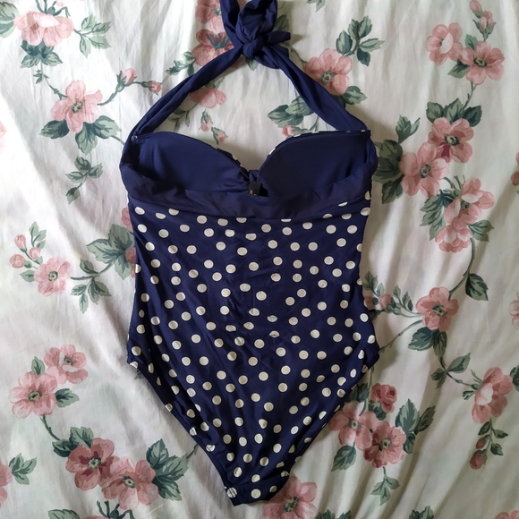 Navy Polka Dot Halter One Piece Swimsuit - Picture 6 of 8
